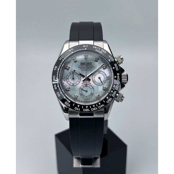 Custom Seiko Mod • White Diamond MOP Daytona on Oysterflex (Quartz Chronograph) • 39.5mm